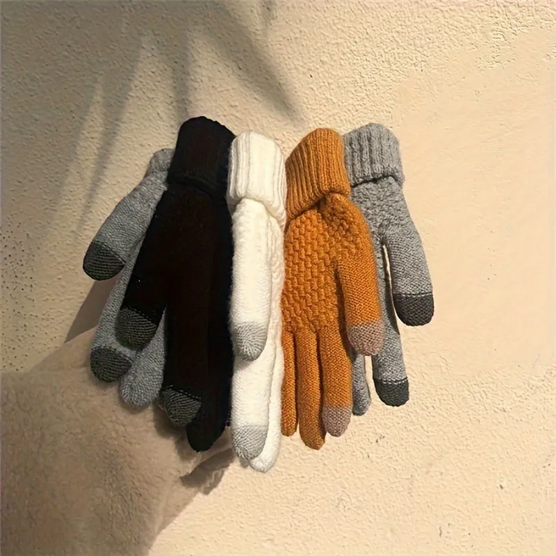 1 Pair Of Knitted Warm Winter Gloves, Solid Color Touch Screen Thickened Sports Gloves, Suitable For Outdoor Leisure Cycling And Hiking