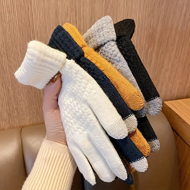 1 Pair Of Knitted Warm Winter Gloves, Solid Color Touch Screen Thickened Sports Gloves, Suitable For Outdoor Leisure Cycling And Hiking