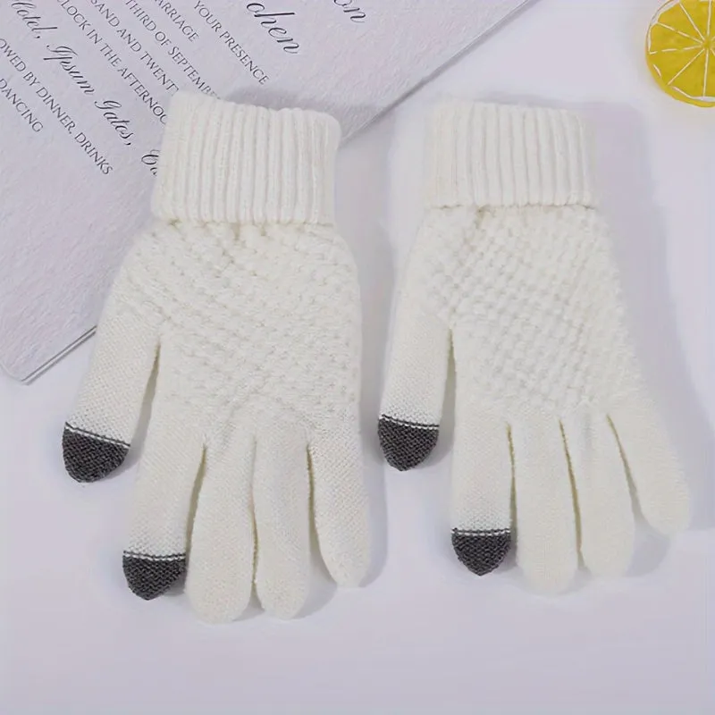 1 Pair Of Knitted Warm Winter Gloves, Solid Color Touch Screen Thickened Sports Gloves, Suitable For Outdoor Leisure Cycling And Hiking