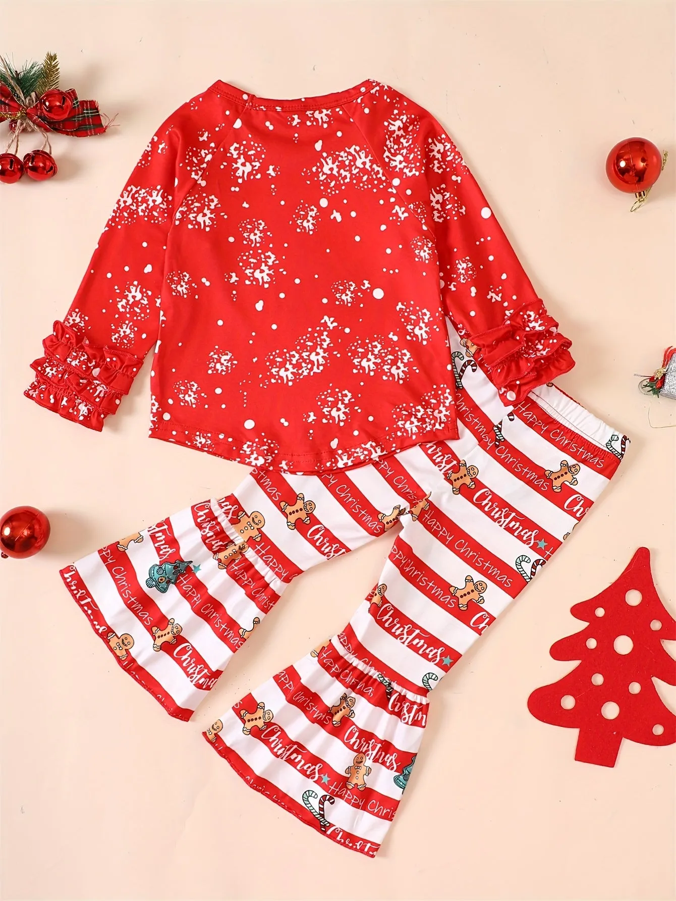 2pcs Girl's Long Sleeve Christmas Style Outfit, Top & Flared Pants Set for Spring Fall, Kid's Outdoor Santa Party Wear