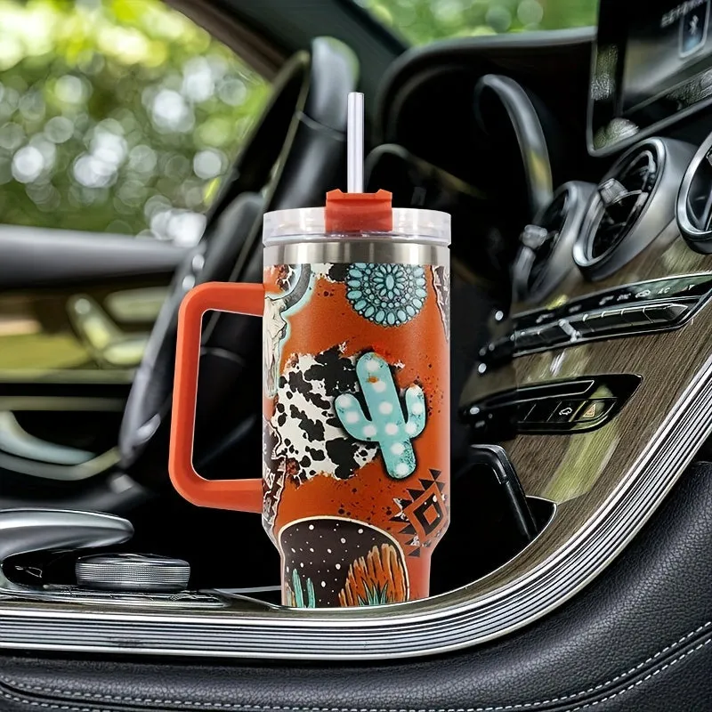 40oz Catus Design Stainless Steel Water Bottle with Straw and Lid - Perfect for Outdoor Camping Trips and Car Use - Includes Beer Mug for Adults and Children