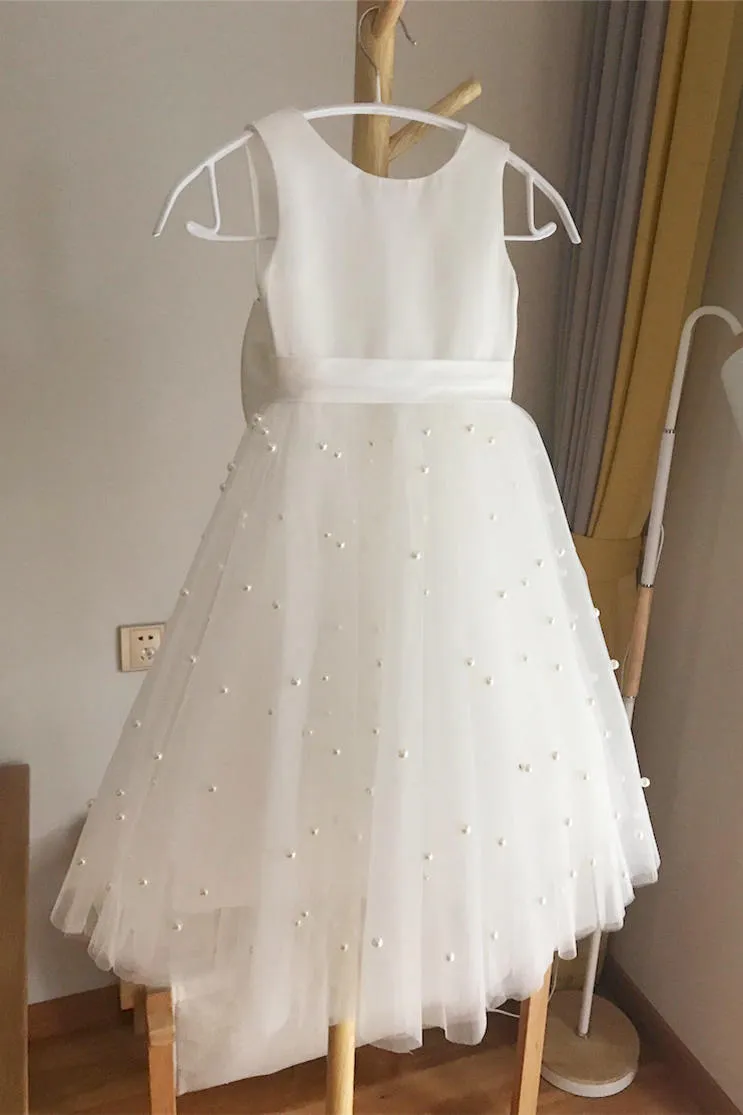 A-Line Ivory Girl Party Dress with Pearls,Cute Flower Girl Dresses