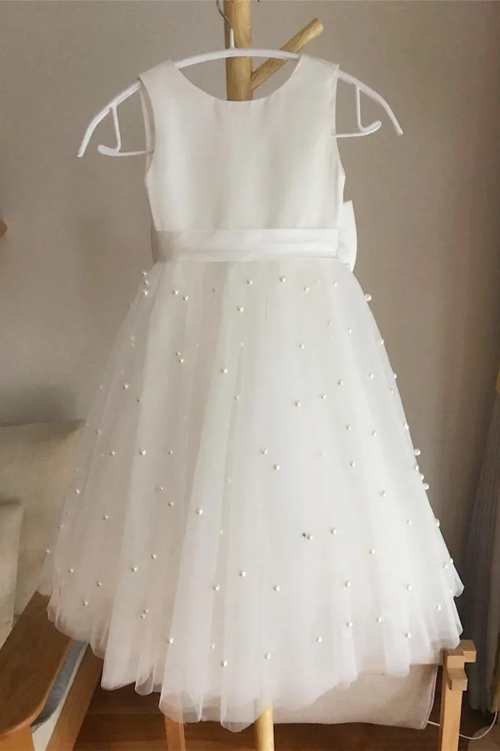 A-Line Ivory Girl Party Dress with Pearls,Cute Flower Girl Dresses