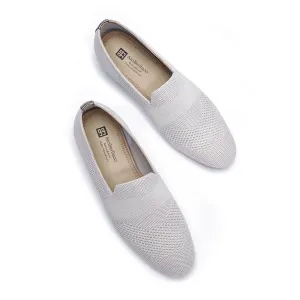 AiciBerllucci  -AINA-Silver  Knit &Calfskin Leather Upper&Cow Leather Lining-Aina- Women Knit Flat Shoes,Comfort Loafers Penny Moccasins-Slip-on Shoes- Knit Driving Loafers -Round Toe Walking Fashion