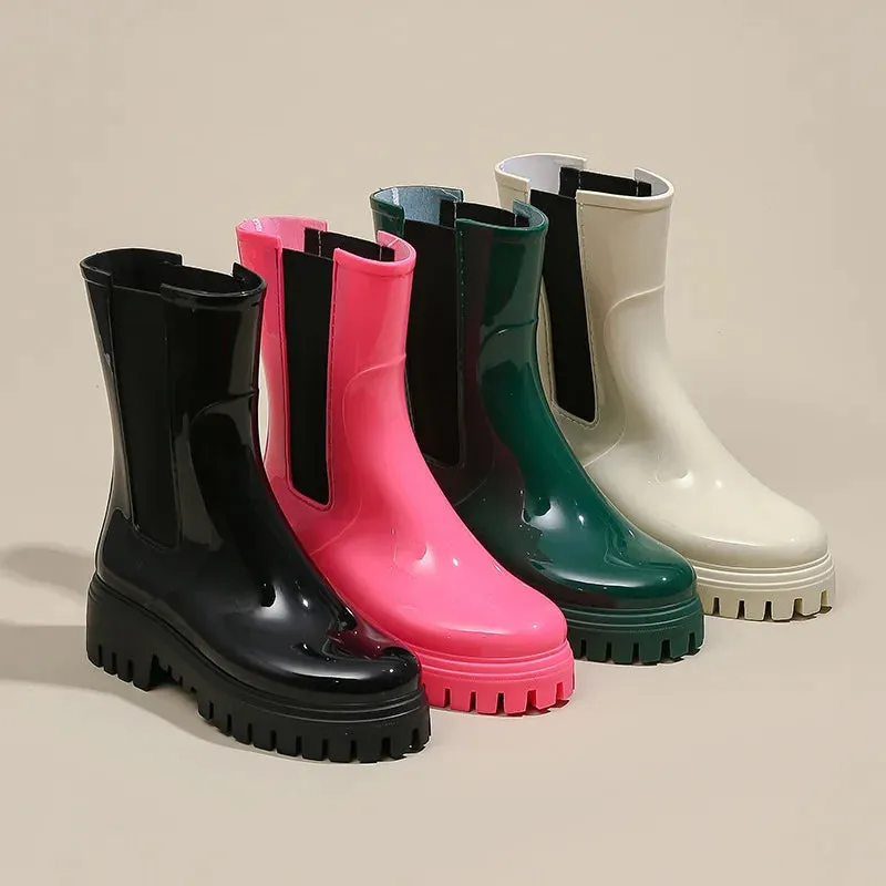 Amozae-Fashion Rain Boots Waterproof Anti-slip Middle Jane Tube Four Seasons Outdoor Car Wash Fishing Boat Shoes Luxury Platform Boots