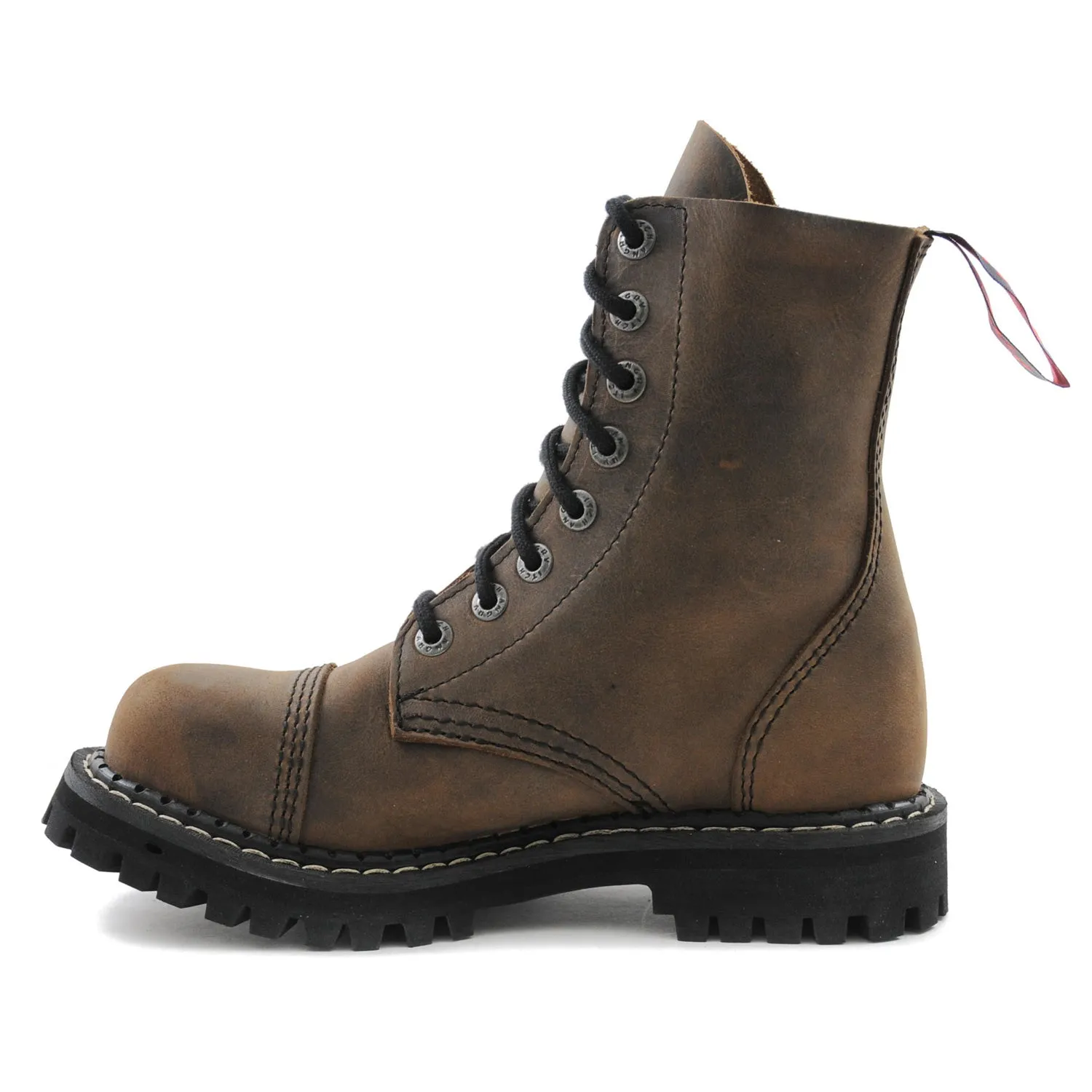 Angry Itch 8 Eyelet Boots with Steel Toe Cap Vintage Brown Leather