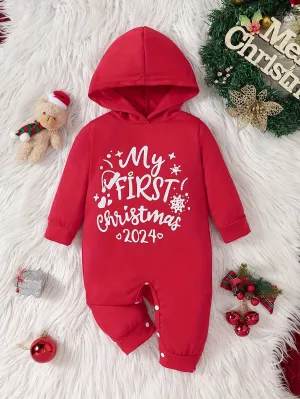 Baby's "My First Christmas" Print Casual Hooded Long Sleeve Romper, Toddler & Infant Boy's Bodysuit For Fall Winter, Outdoor Clothes