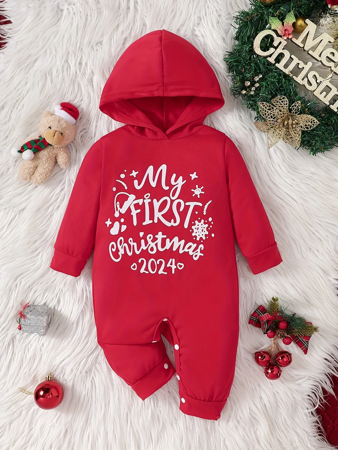 Baby's "My First Christmas" Print Casual Hooded Long Sleeve Romper, Toddler & Infant Boy's Bodysuit For Fall Winter, Outdoor Clothes