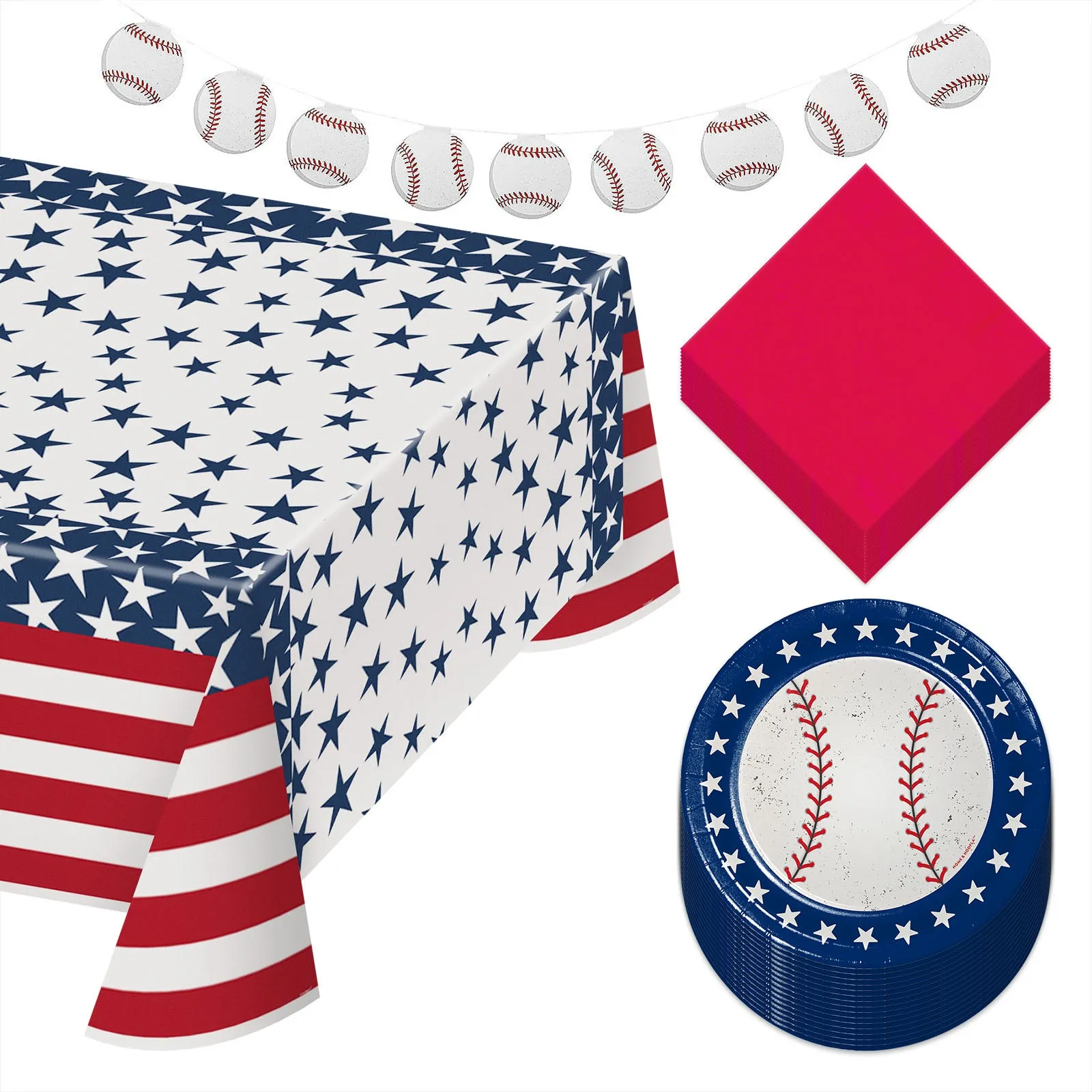 Baseball Party Supplies - All Star Red, White, & Blue Paper Dessert Plates, Napkins, Table Cover, and Baseball Garland Set (Serves 16)