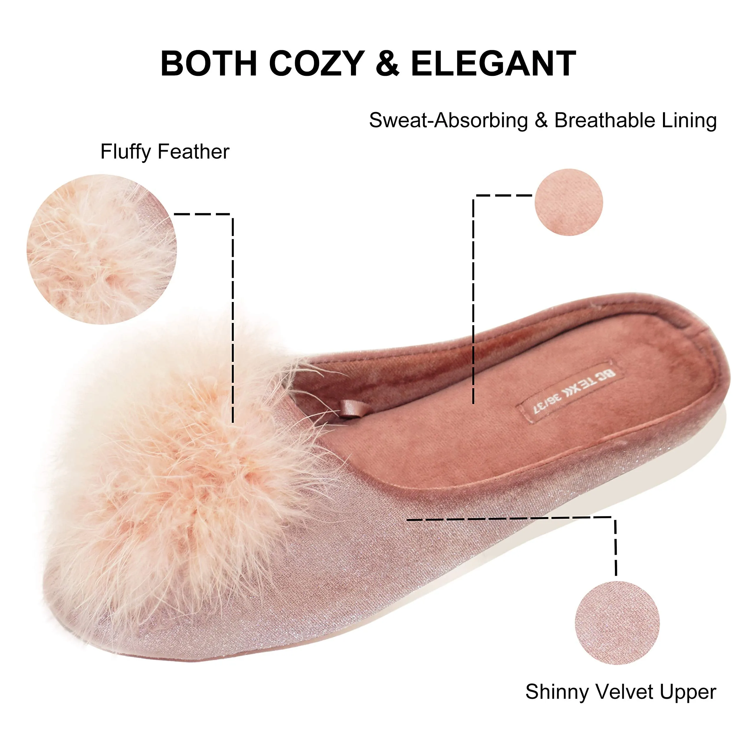 BCTEX COLL Women's Cozy Velvet Memory Foam House Slipper,Ladies Fuzzy Bedroom Slipper Non-slip Sole Pink 7-8