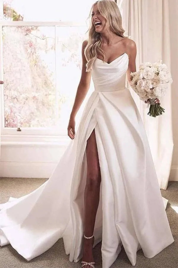 Beautiful Ivory Satin A Line V Neck Wedding Dresses With Slit