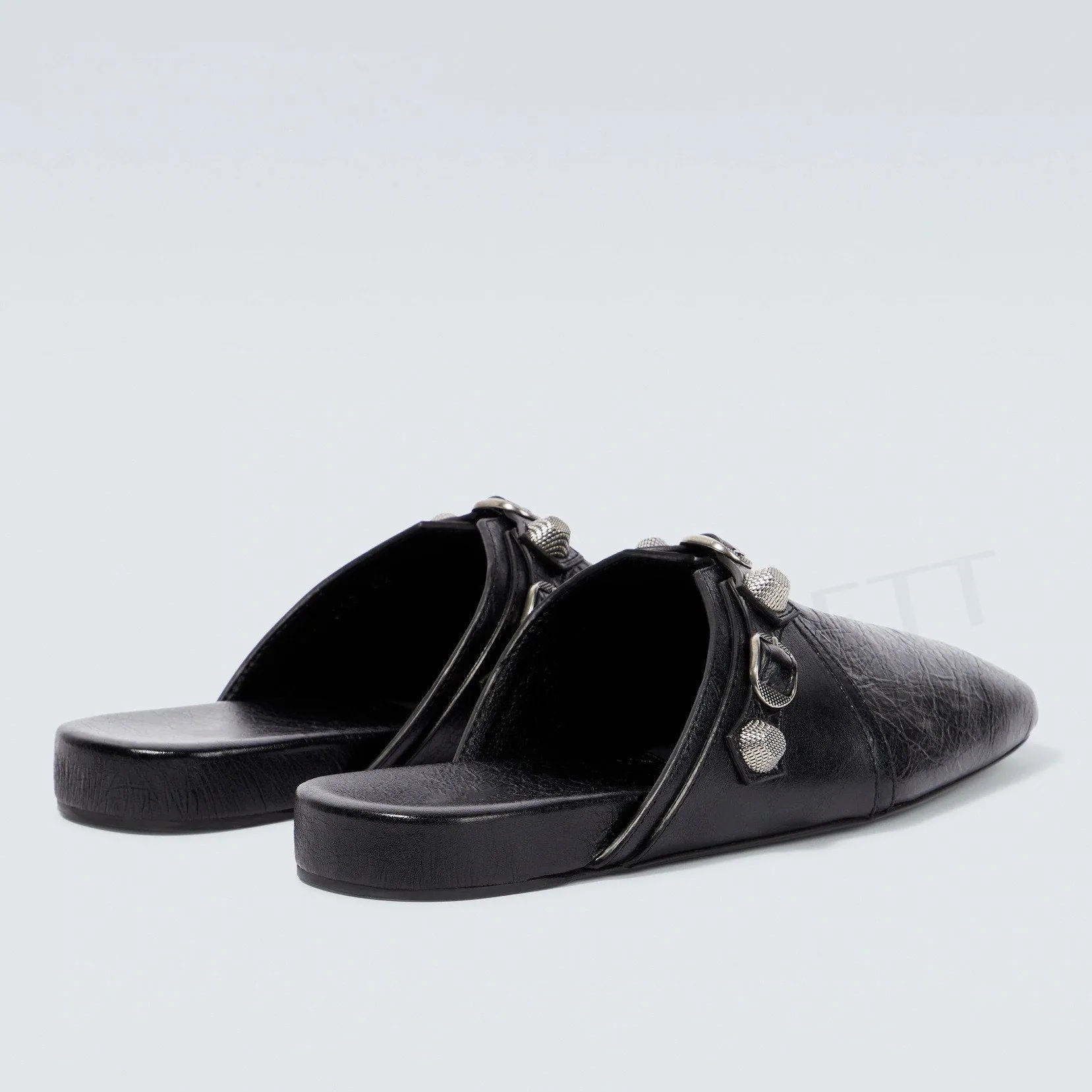 Black Leather Metal Rivet Mules Shoes