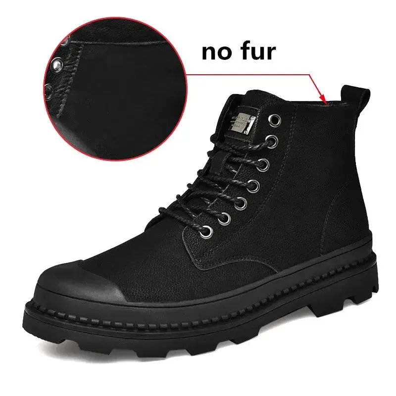 Black Winter Men Boots Genuine Leather Ankle Boots Men Outdoor Winter Work Shoes Men Warm Fur Snow Boots Men Motorcycle Botas