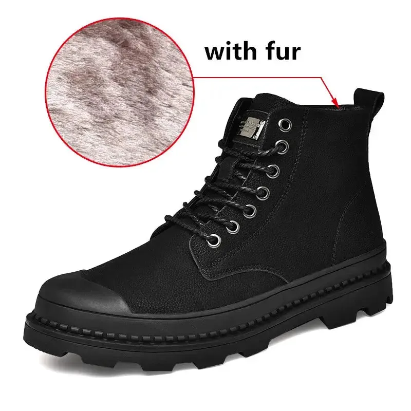 Black Winter Men Boots Genuine Leather Ankle Boots Men Outdoor Winter Work Shoes Men Warm Fur Snow Boots Men Motorcycle Botas