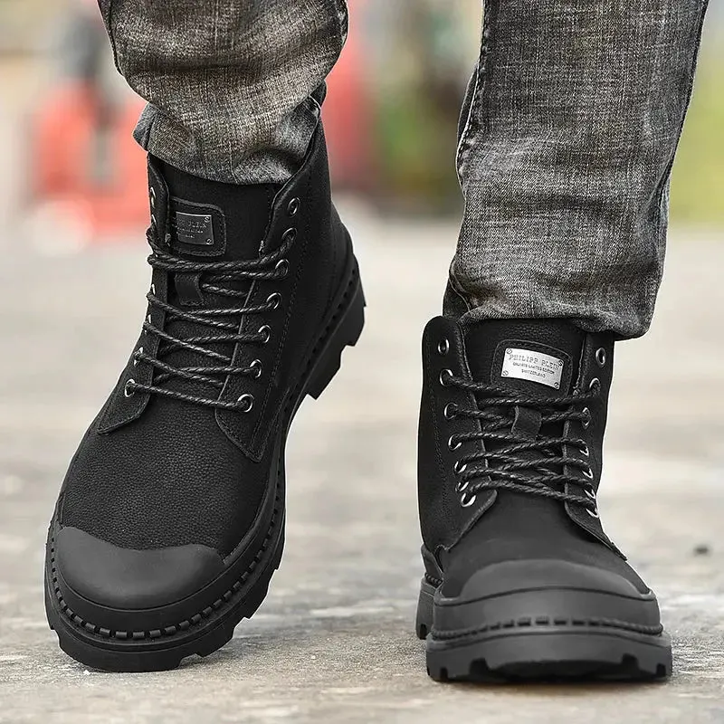 Black Winter Men Boots Genuine Leather Ankle Boots Men Outdoor Winter Work Shoes Men Warm Fur Snow Boots Men Motorcycle Botas