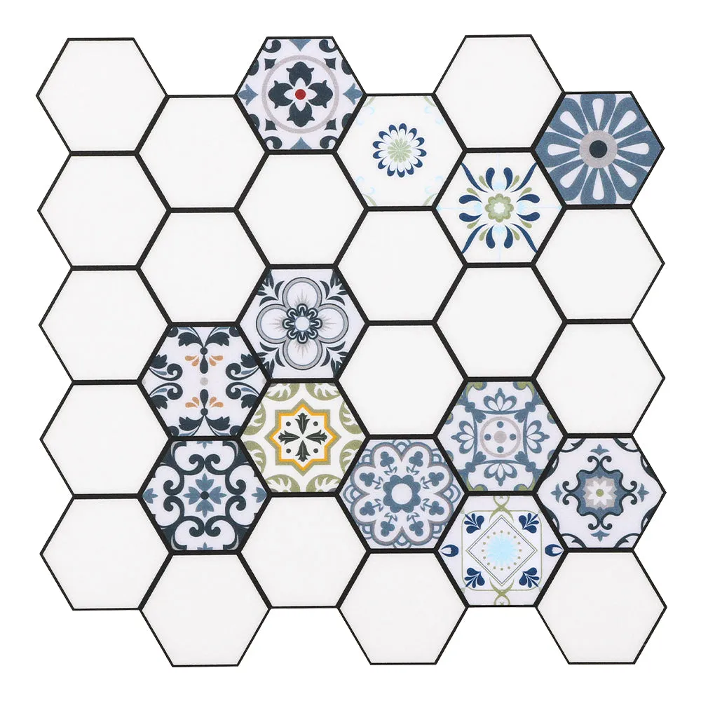 Blue and White Vintage Hexagon Peel and Stick Vinyl Floor Tile Sticker