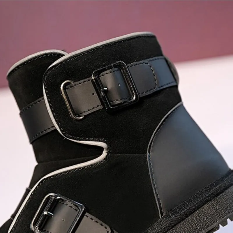 Buckle Strap Accent Reflective Winter Warm Ankle Boots