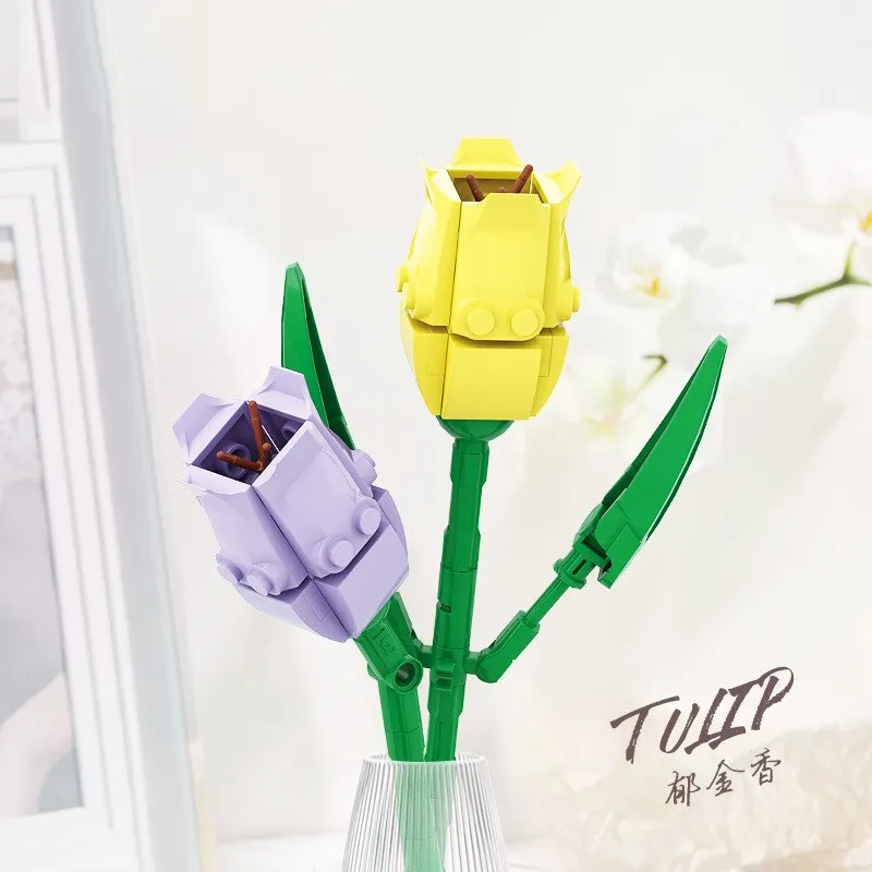 Building Blocks Flower Diy Plant Potted Tulip Lavender Simulation Bouquet Home Decoration Girl Gift Children Educational Toys