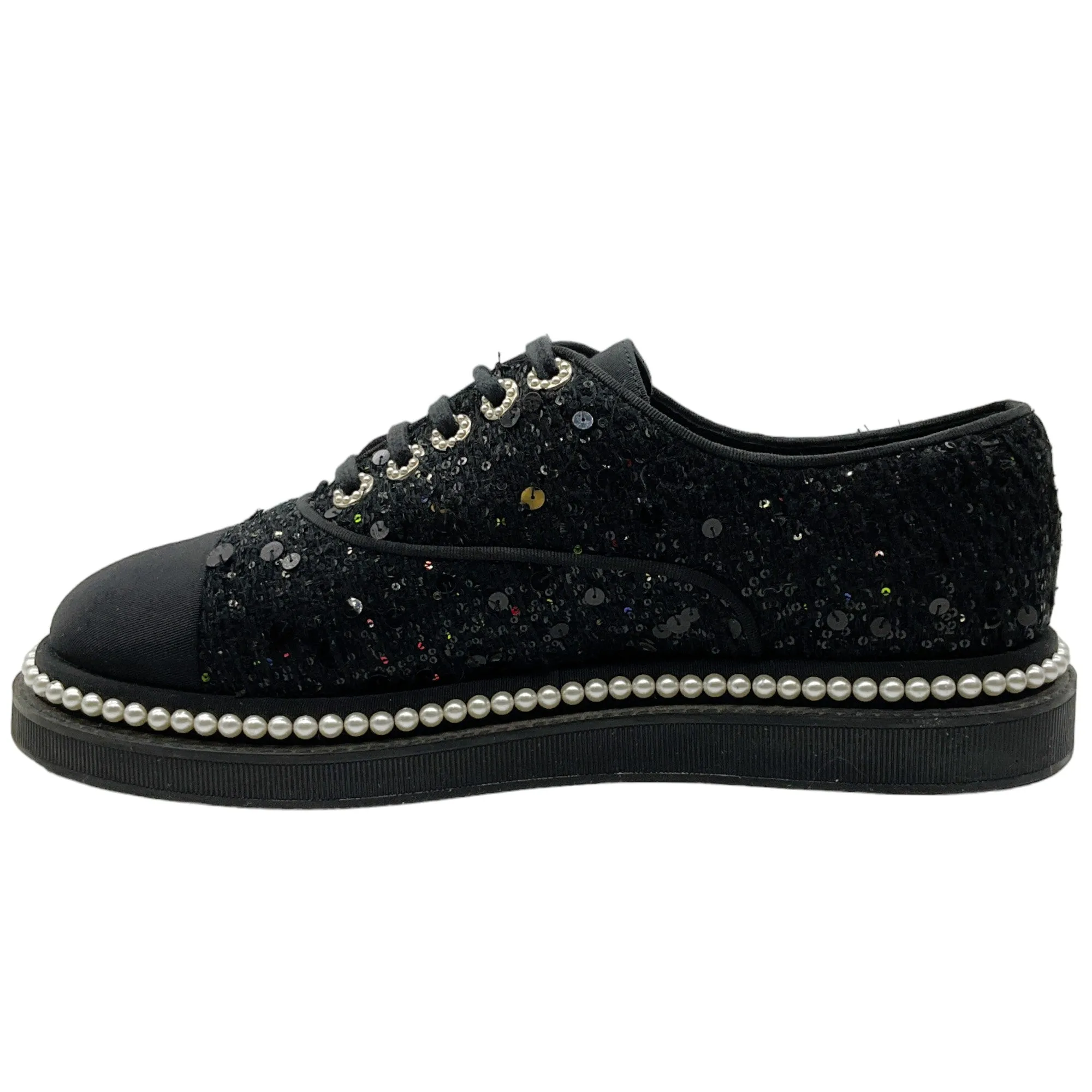 Chanel Black Sequined Lace Up Oxfords with Pearls