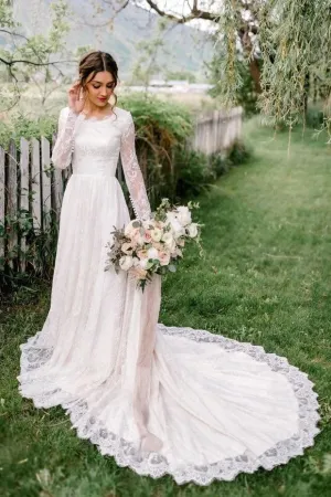 Chic Long Sleeve Lace A Line Wedding Dresses with Train,Gorgeous Bride Dress