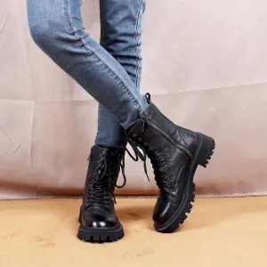 Classic Black Lace Up Motorcycle Ankle Boots