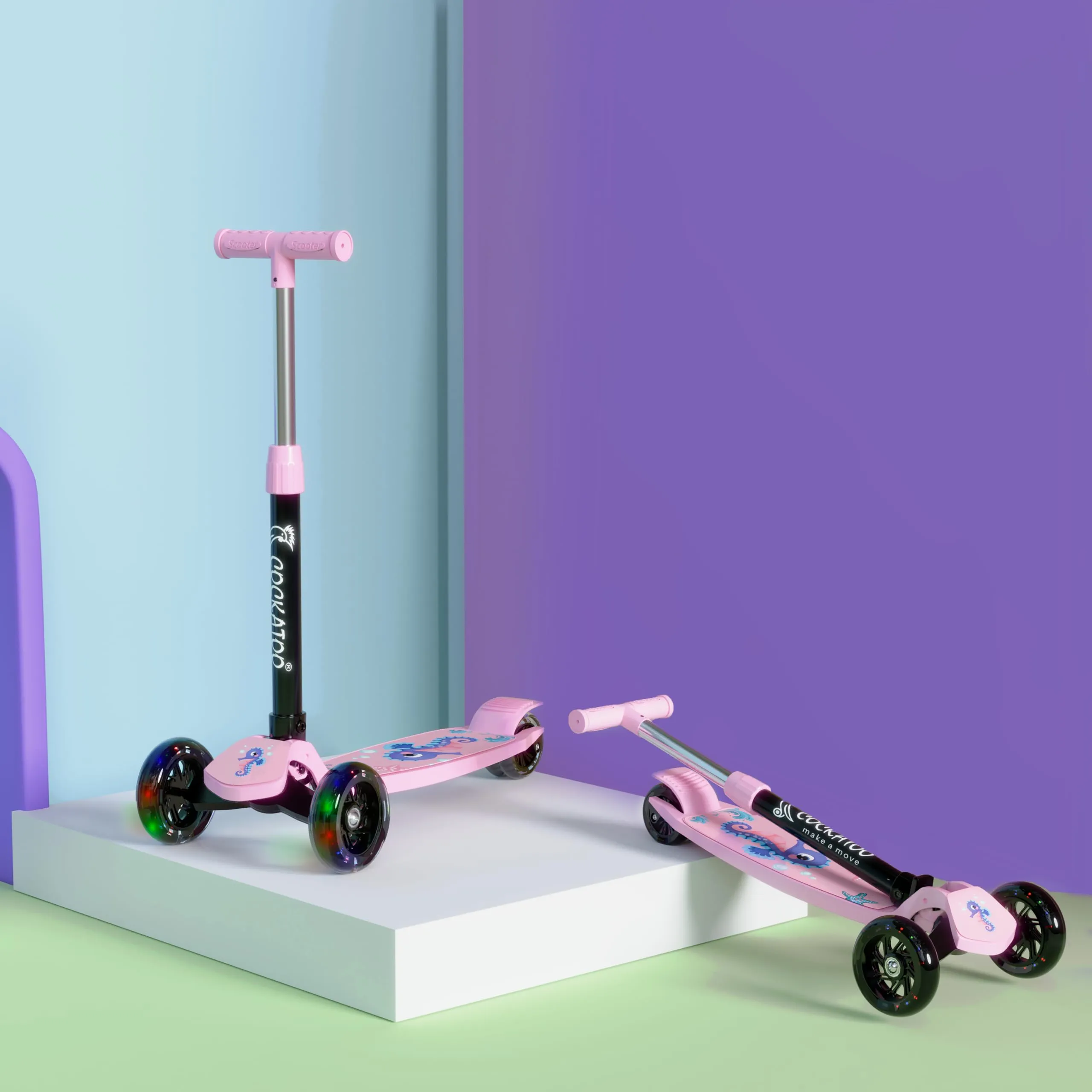 Cockatoo Rat&Cat Series Happy-Hooper Kick Scooter for Kids, Kick Scooter with Led Lights in PVC Wheel, 3 Adjustable Height Scooter, Age Upto 3  Years & 50 Kg Weight Capacity.