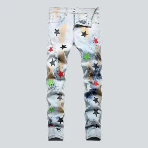 Color stars embroidery ripped jeans