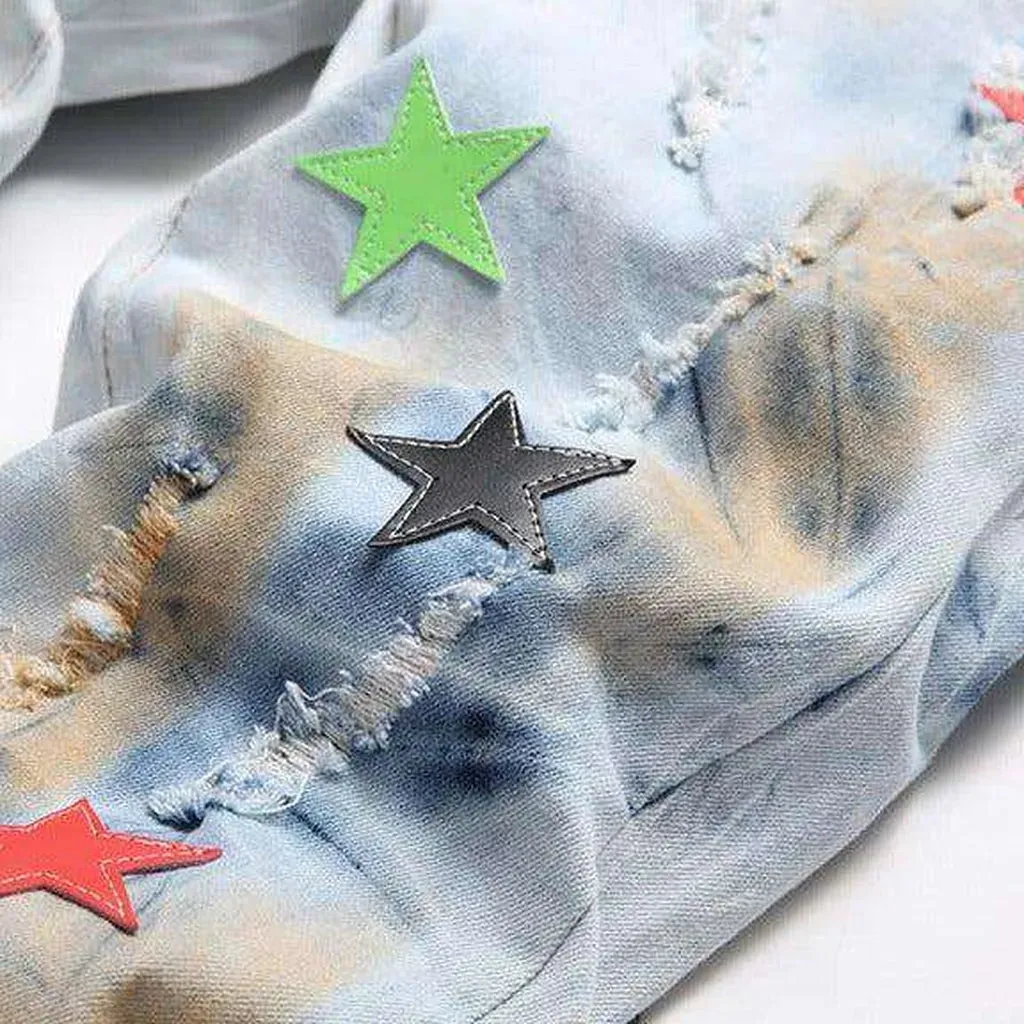 Color stars embroidery ripped jeans