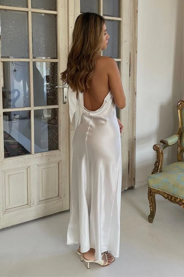 Crew Neck Backless Ivory Tea Length Formal Dress