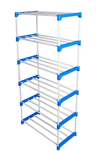 DPH 6 Shelf Shoe Rack(Blue & White), Sturdy, Kitchen Storage, Shoe Stand, Metal, Plastic, Multipurpose use, Space-Saving, Shoe Organizer, Rover Rack, Shoe Storage, Shoe Rack