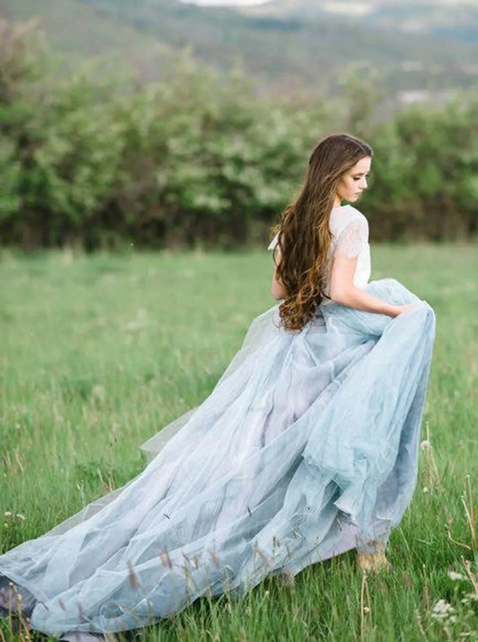 Dusty Blue Tulle Wedding Dress,Two Piece Wedding Dresses for Photoshoot