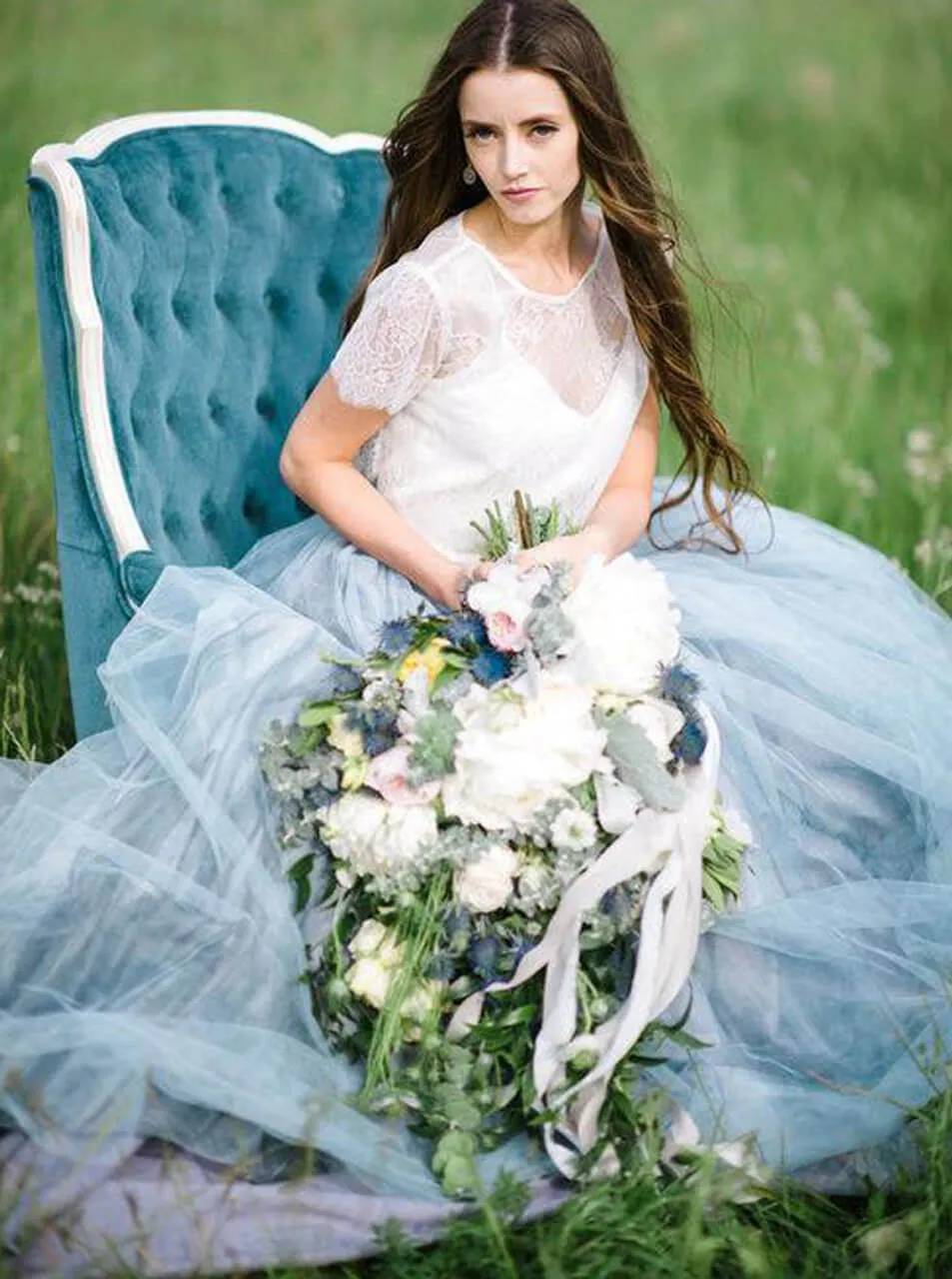 Dusty Blue Tulle Wedding Dress,Two Piece Wedding Dresses for Photoshoot