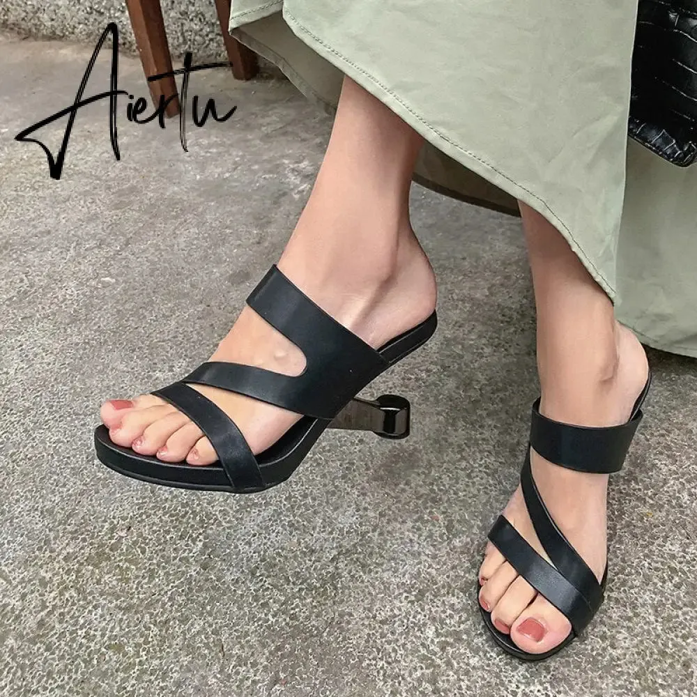 Fashion Brand Genuine Leather Open Toe Slippers Ladies Strange Style High Heels Slides Summer Outdoor Sandals Ladies Shoes