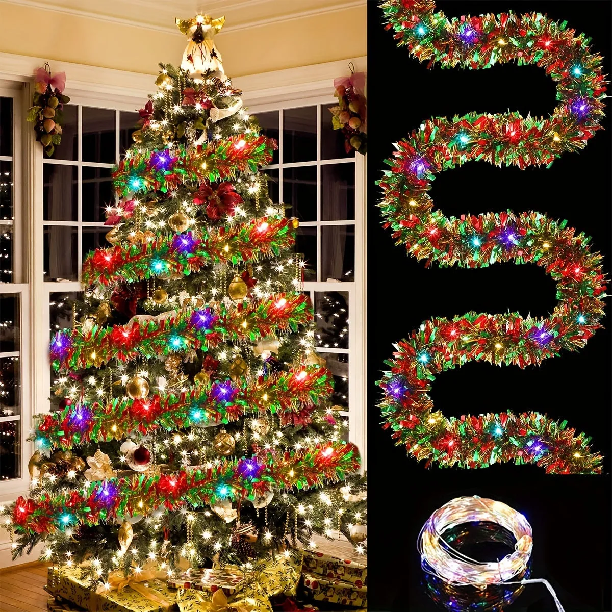 Festive 16Ft Dingion Christmas Tinsel Garland with LED Lights - Indoor/Outdoor Use (No Batteries Included)