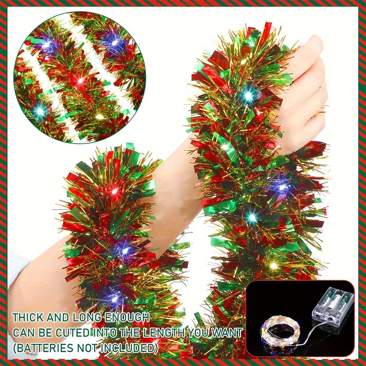 Festive 16Ft Dingion Christmas Tinsel Garland with LED Lights - Indoor/Outdoor Use (No Batteries Included)