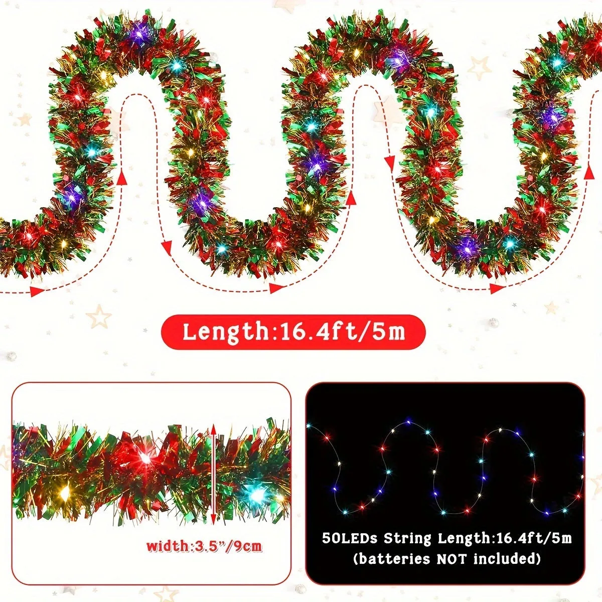 Festive 16Ft Dingion Christmas Tinsel Garland with LED Lights - Indoor/Outdoor Use (No Batteries Included)