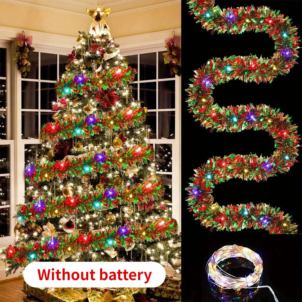 Festive 16Ft Dingion Christmas Tinsel Garland with LED Lights - Indoor/Outdoor Use (No Batteries Included)