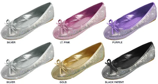 girls metallic iridescent flats with metallic bow & trimming Case of 36