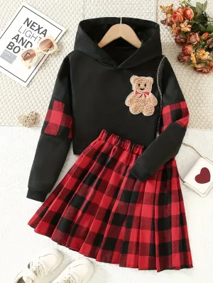 Girls' Plaid Sweatshirt Set with Bear Appliques   Pleated Skirt for Christmas, Fall/Winter Outdoor Casual Activities with Color Stitching