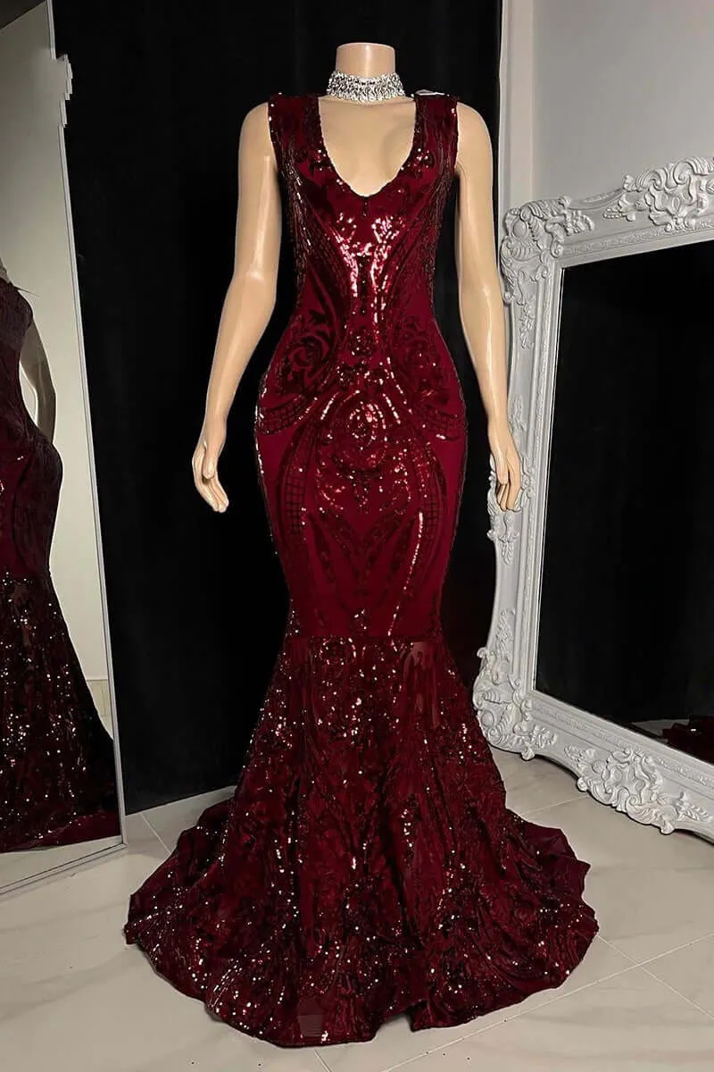 Glittery Long Red Mermaid Sleeveless Prom Dresses Sequin