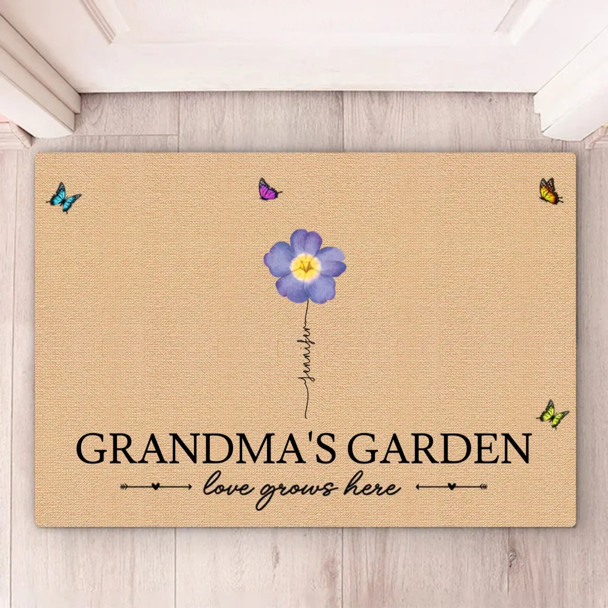 Grandma - Grandma‘s Garden Love Grows Here Vintage Birth Flowers Swirl Name - Personalized Doormat (VT)