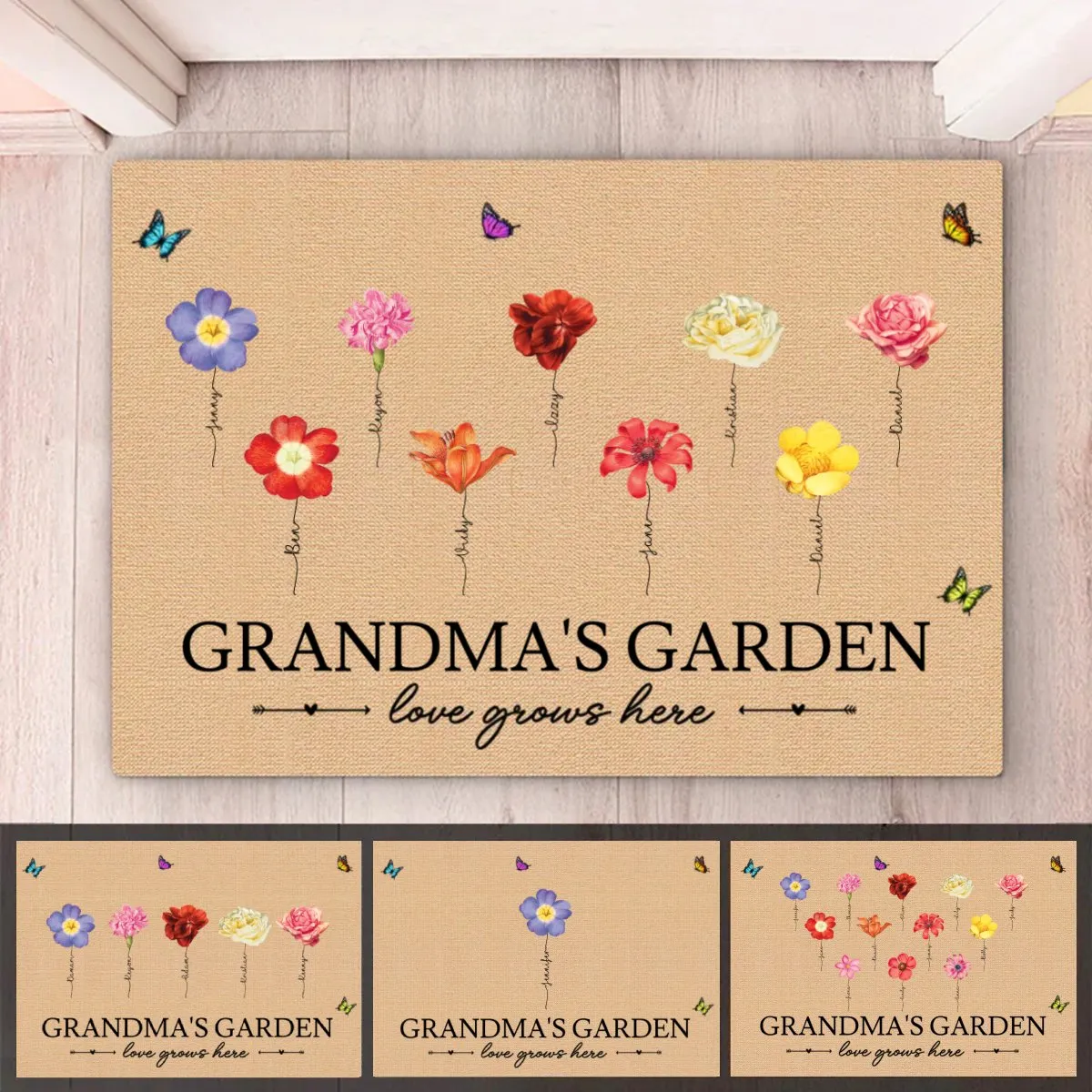 Grandma - Grandma‘s Garden Love Grows Here Vintage Birth Flowers Swirl Name - Personalized Doormat (VT)