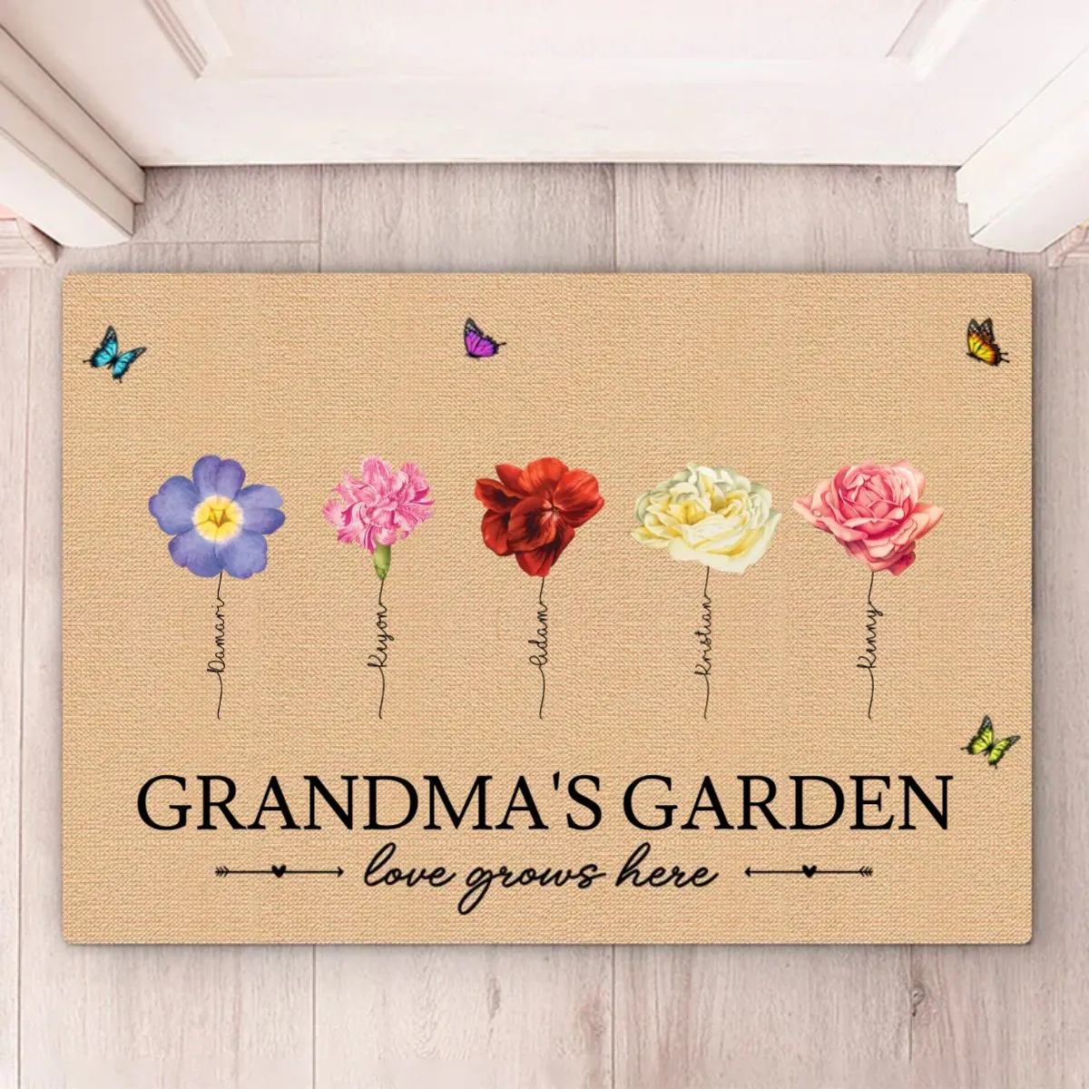 Grandma - Grandma‘s Garden Love Grows Here Vintage Birth Flowers Swirl Name - Personalized Doormat (VT)