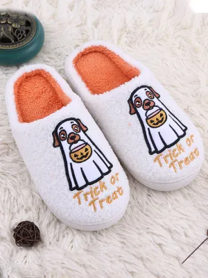 Halloween Cartoon Pumpkin Dog Plush Couple Indoor Comfort Slippers