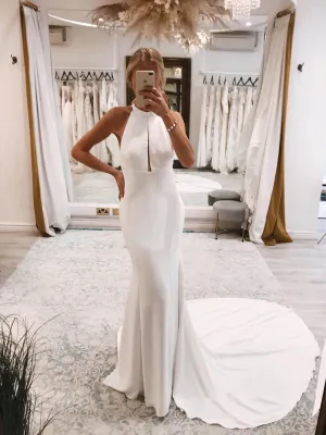 Halter Neck Satin Wedding Dresses Open Back Modern Bridal Dress Long Train