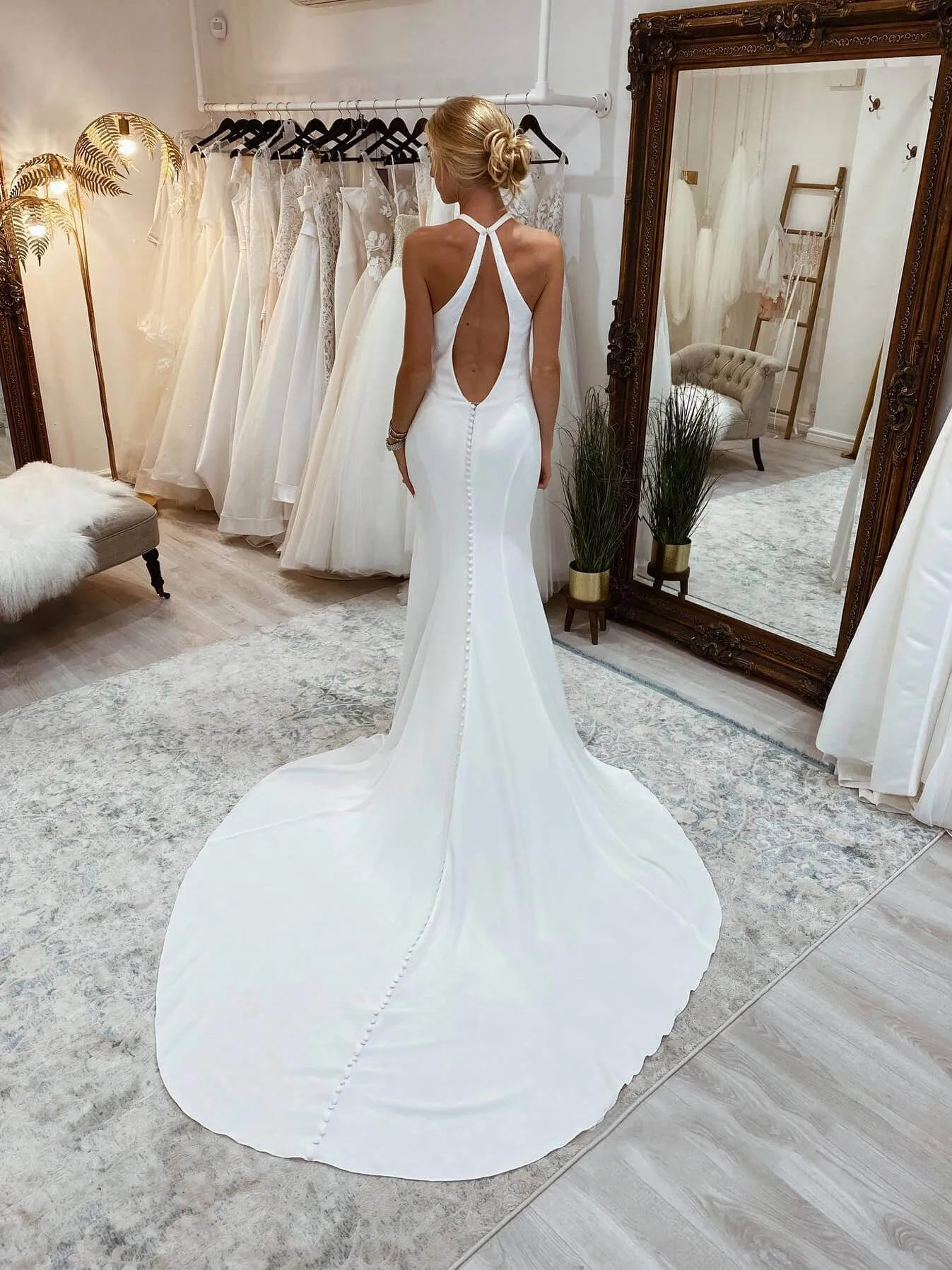 Halter Neck Satin Wedding Dresses Open Back Modern Bridal Dress Long Train