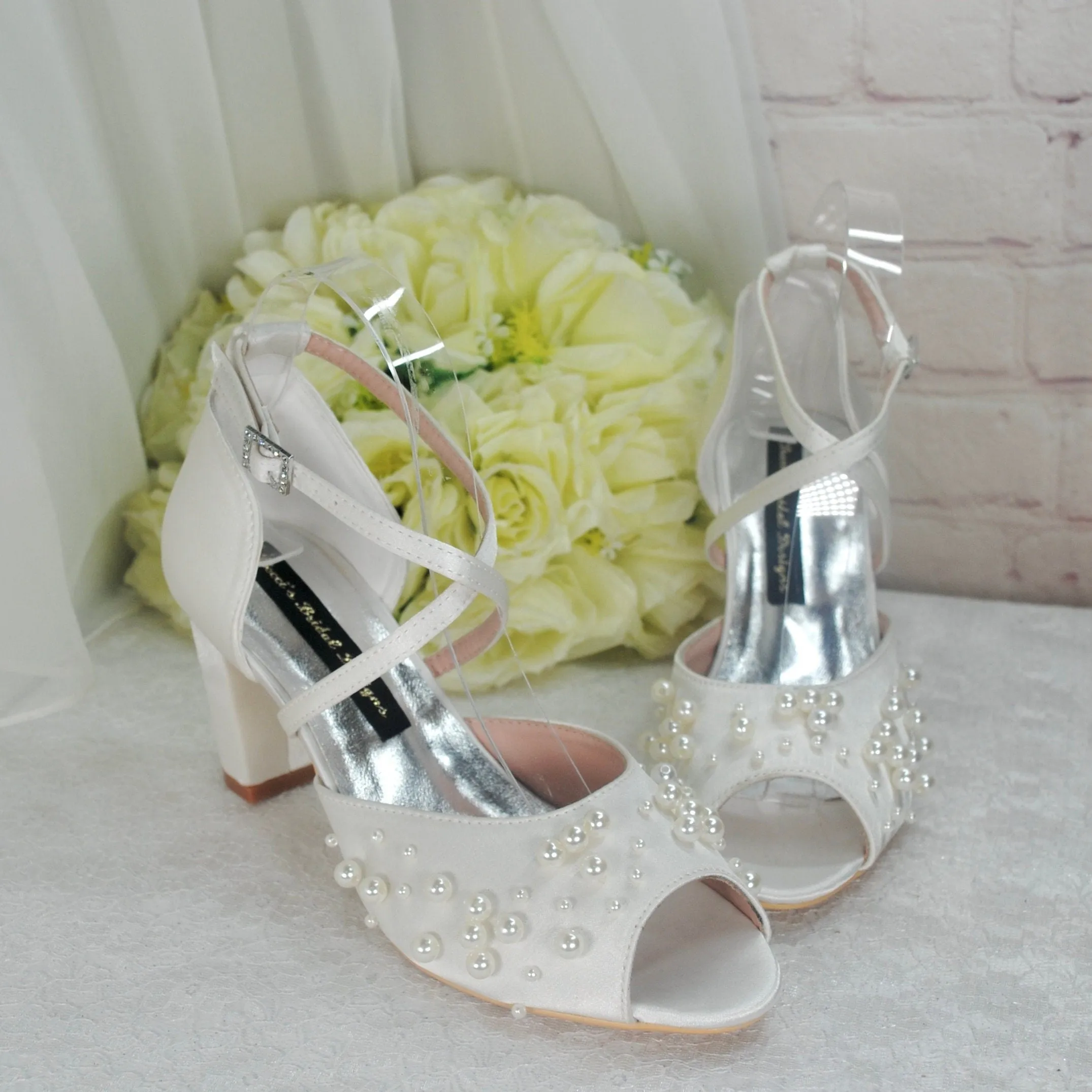 Ivory Satin Block Heel Bridal Sandals with Pearl Details  UK5/US7.5