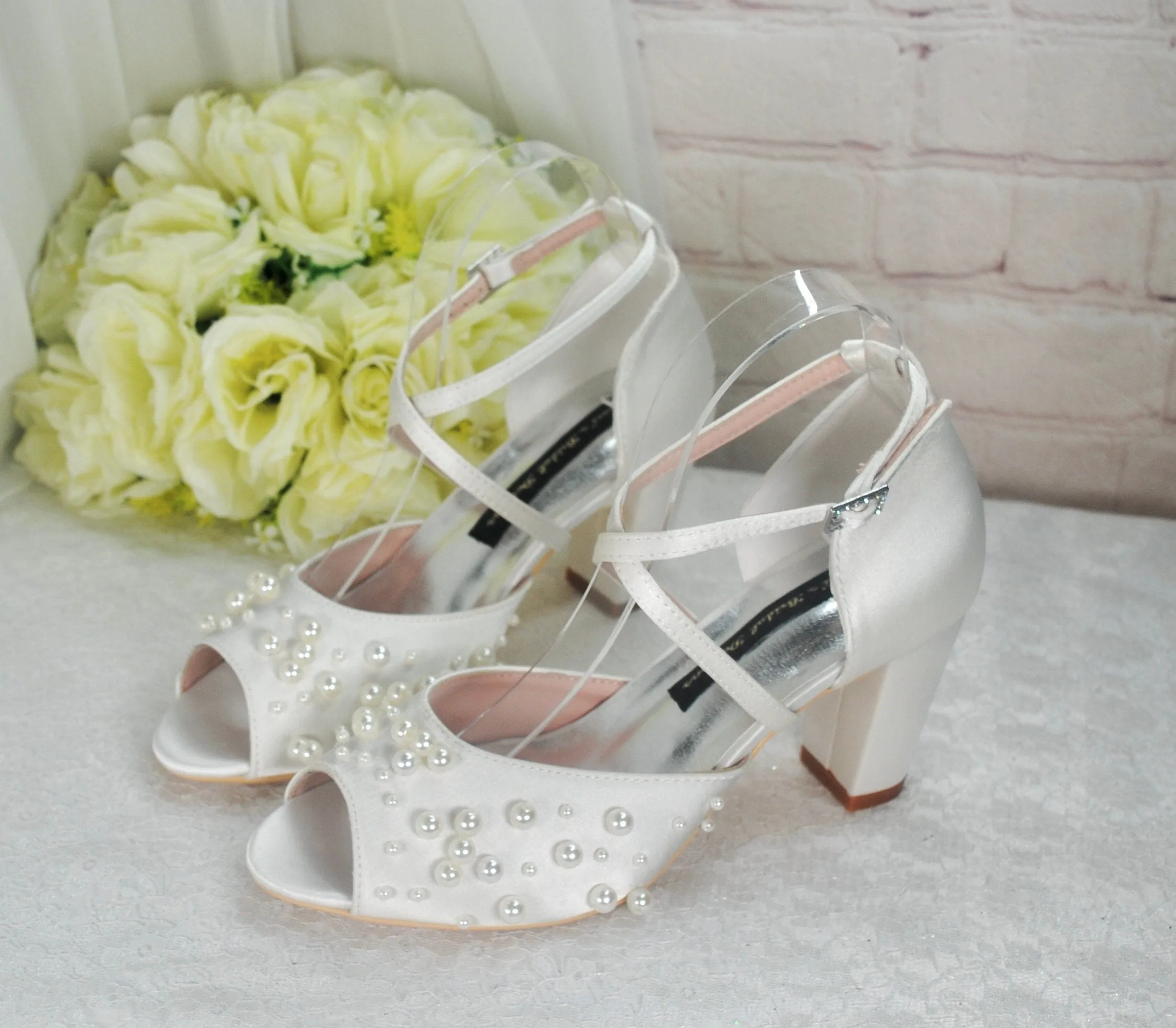 Ivory Satin Block Heel Bridal Sandals with Pearl Details  UK5/US7.5