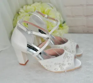 Ivory Satin Block Heel Bridal Sandals with Pearl Details  UK5/US7.5