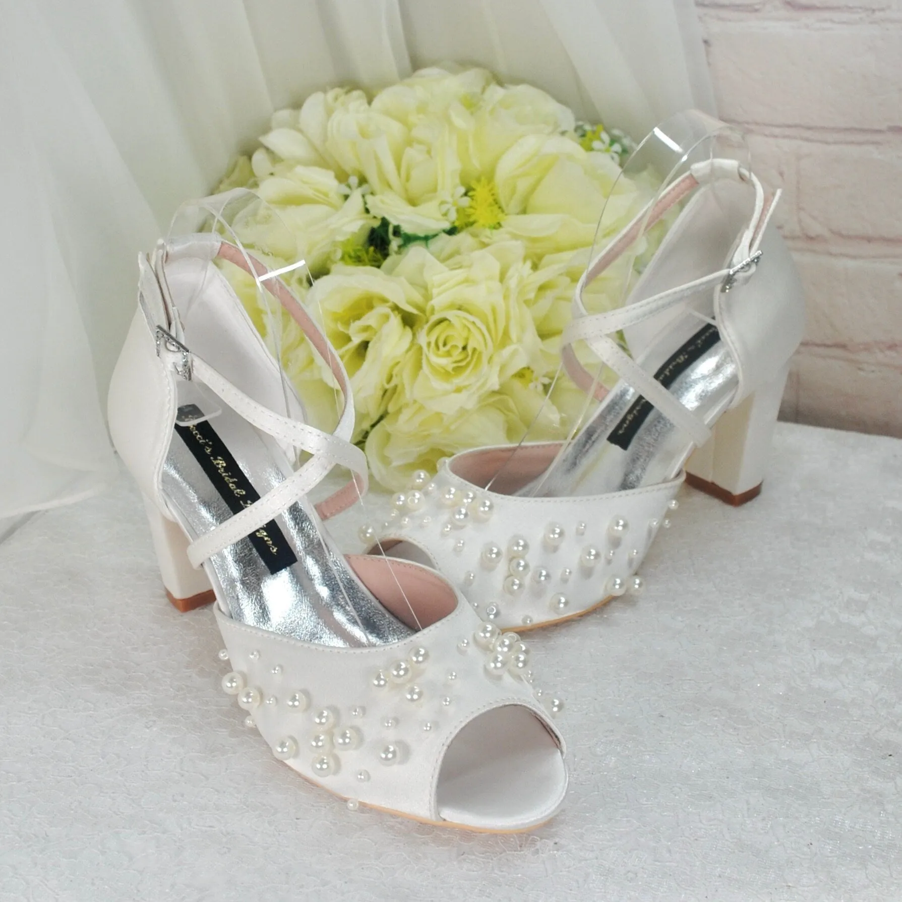 Ivory Satin Block Heel Bridal Sandals with Pearl Details  UK5/US7.5